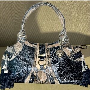 Sharif Studio Embossed Leather Snakeskin Top Handle Bag & Make-Up Bag & Mirror